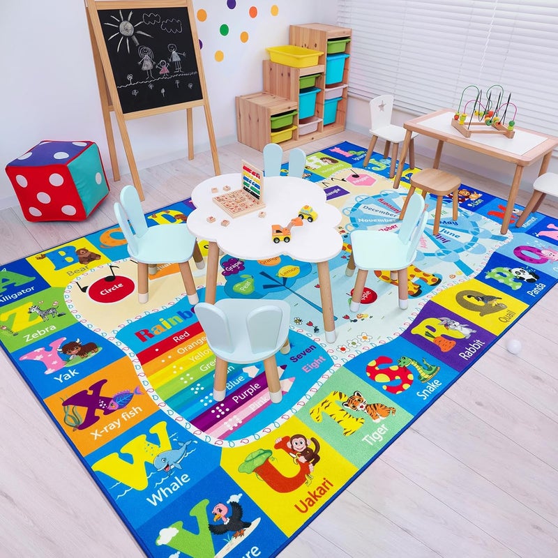 B BENRON 4x6 Playroom Rugs for Kids Washable, Educational and Fun Playmat with ABC Alphabet Animals Shapes Colors, Non-Slip Play Mat Learning Rugs for Baby Toddler Children Game Activity, Blue - Image 2